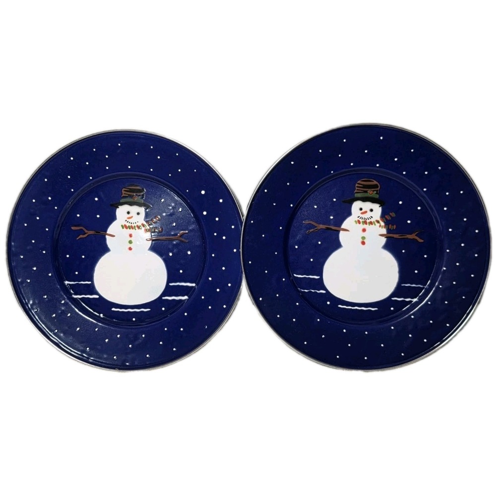 Vintage 1997 The Golden Rabbit ll Snowman Plate Blue Enamel Denise S Harvey Set2